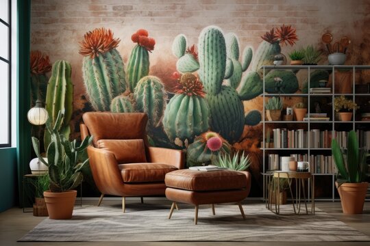 A trendy design for a contemporary living room interior featuring an artistic wall painting, numerous cacti and plants, a cozy armchair, rustic wooden shelves, and decorative accessories. The room