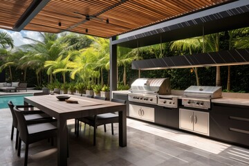 Modern outdoor kitchen and luxurious amenities such as a grill, stove, and extractor hood are accompanied by a wooden ceiling with a fan, as well as wooden tables and benches. The kitchen also
