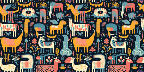 Animals and leaves seamless pattern. Infinite tile concept repeating texture background.