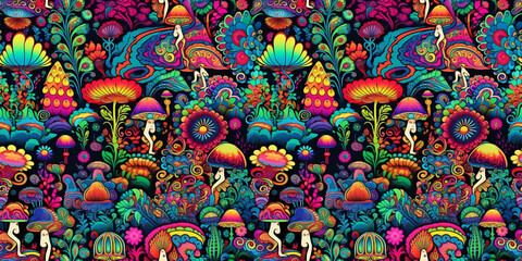 Obraz na płótnie Canvas Hippie and psychedelic seamless pattern. Infinite tile concept repeating texture background. Magical and psychedelic colored mushrooms shining in the darkness of the forest.