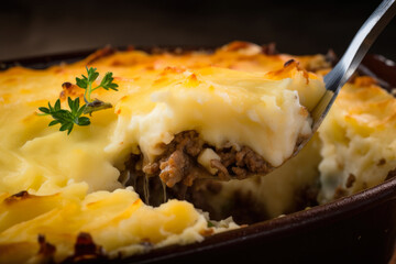 Shepherd's pie: A close-up of a steaming hot fork digging into layers of creamy mashed potatoes and flavorful beef.