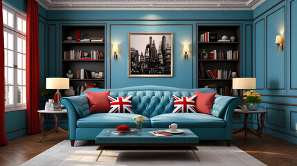 Artful Elegance - Classic Modern Blue Couch Enhancing Timeless Harmony Against Wall of Wooden Bookshelves with Artwork
