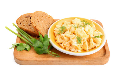 Plate of tasty scrambled eggs on white background