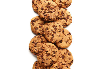 Tasty cookies with chocolate chips on white background