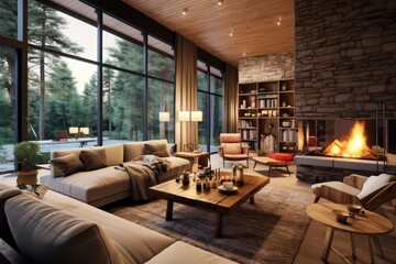 The interior of a stylish rural residence is characterized by a comfortable and inviting atmosphere, featuring an open layout, wooden elements, cozy color schemes, and a welcoming fireplace. The