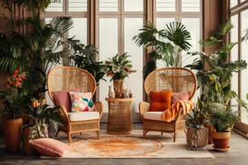 Fototapeta na wymiar The living room interior is designed with a fashionable and flowery arrangement, featuring a rattan armchair, numerous tropical plants in decorative pots, stylish ornaments, macrame elements, and