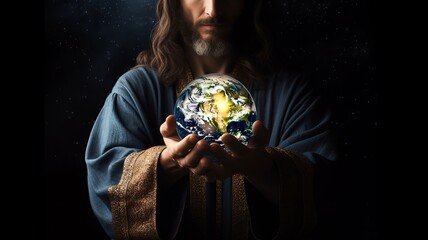 Jesus Christ holds the globe in his hands. Christianity, the divine creation of the Earth