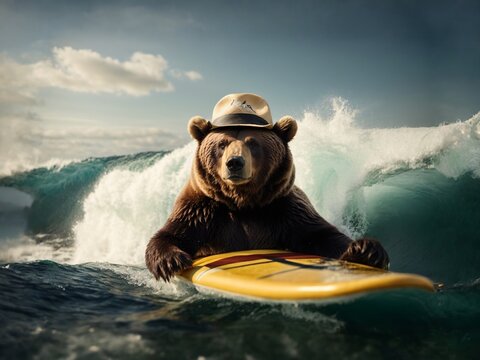 Oso surfeando con una tabla amarilla y sombrero