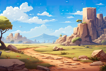 Background environment of a 2D abstract caravan route for mobile adventure or battle game. Caravan known route cartoon style in game art background environment.