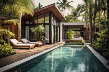 A tropical pool villa with a lush garden and bedroom is showcased in the design of the home or house, both on the outside and inside.