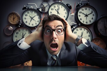 a man in a business suit has no time, he is stressed. deadline and time management concept