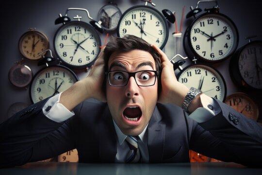 a man in a business suit has no time, he is stressed. deadline and time management concept
