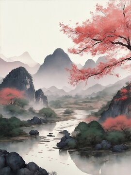 ilustraci&oacute;n vertical de un paisaje natural asi&aacute;tico