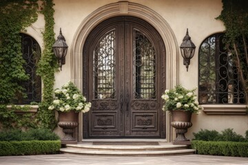 Fototapeta na wymiar The elegant wooden door of a luxurious residence is intricately decorated with an iron window featuring bars, an imposing iron door knocker, and sturdy iron bolts. This opulent door is seamlessly