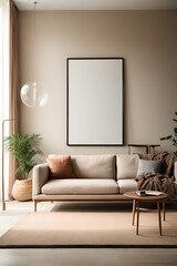 Poster frame mock-up in home interior background, living room in beige color