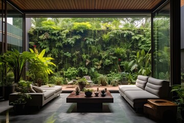 Fototapeta premium The home garden interior is elegantly designed, adorned with numerous breathtaking plants such as cacti, succulents, and air plants, which are placed in various attractively designed pots. The