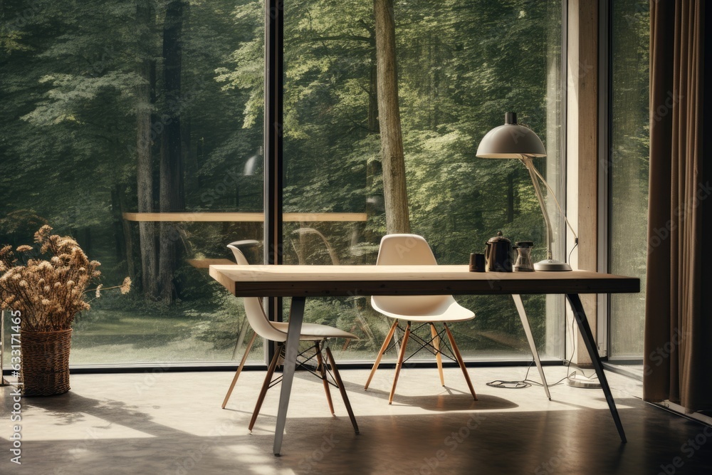 Poster the table in the home interior is set against a background of open space and a window that has a sli