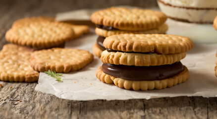 delicious cookies covered with vanilla ice cream with good lighting, concept of professional gastronomic photography in high resolution