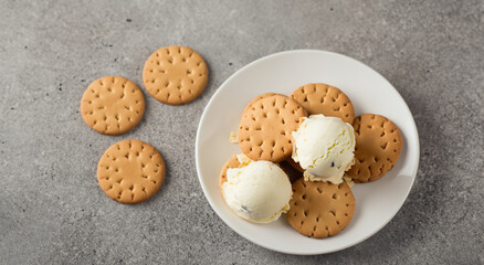 delicious cookies covered with vanilla ice cream in good lighting
