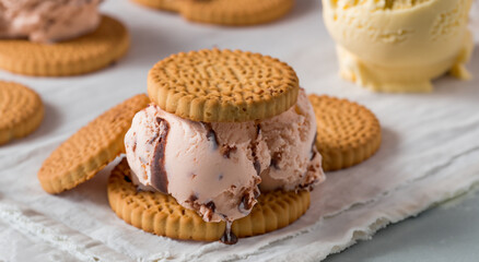 delicious homemade cookie with strawberry ice cream on a plate