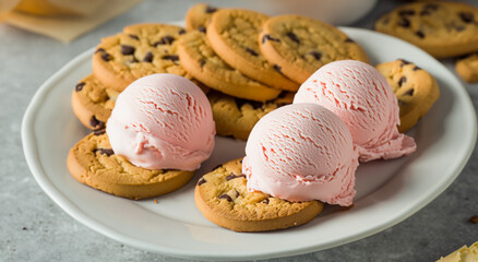 delicious homemade cookie with strawberry ice cream