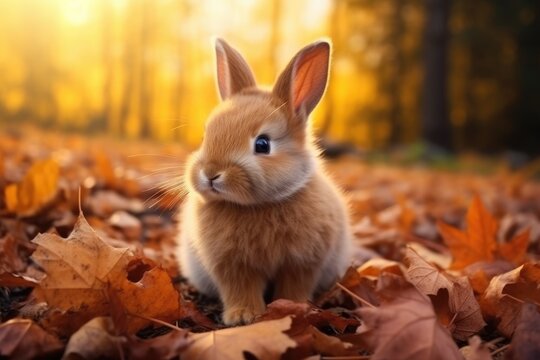 cute fluffy bunny on the background of the autumn forest