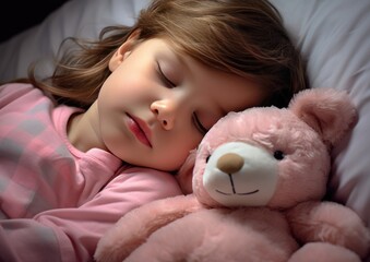 little girl sleeping in bed hugging a teddy bear