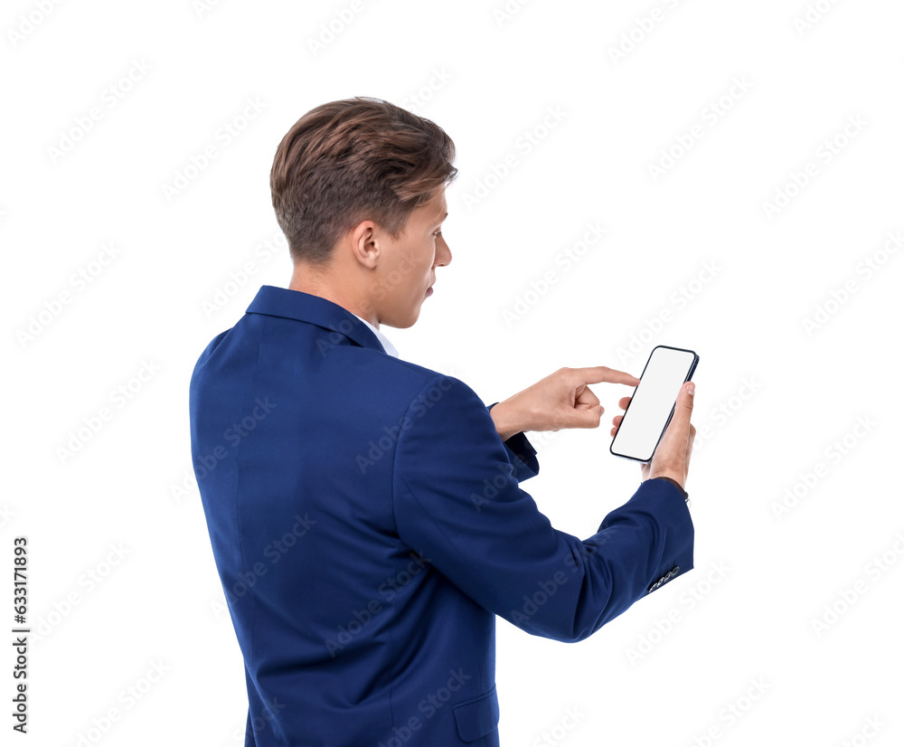 Poster man using phone with blank screen on white background