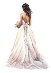 Brides in white dresses back view isolated.