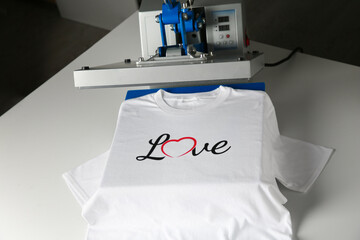 Printing logo. Heat press with t-shirt on white table