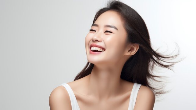 A closeup photo portrait of a beautiful young asian model woman laughing and smiling with clean teeth. used for a dental ad. isolated on white background,