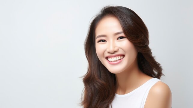 A closeup photo portrait of a beautiful young asian model woman laughing and smiling with clean teeth. used for a dental ad. isolated on white background,