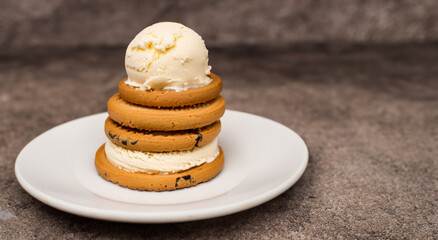 Delicious chocolate chip cookies COVERED with homemade ice cream on a plate