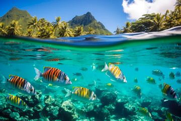 Snorkeling in the crystal clear waters of Bora Bora, with colorful fish swimming by
