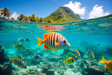 Fototapeta na wymiar Snorkeling in the crystal clear waters of Bora Bora, with colorful fish swimming by