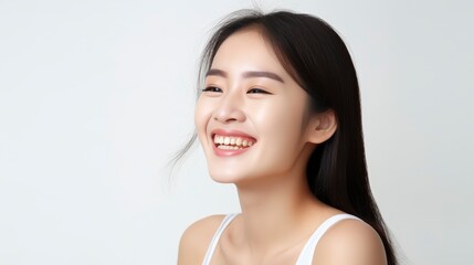 A closeup photo portrait of a beautiful young asian model woman laughing and smiling with clean teeth. used for a dental ad. isolated on white background,
