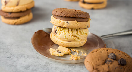 Delicious vanilla filled chocolate chip cookies on a tray in good lighting in high resolution
