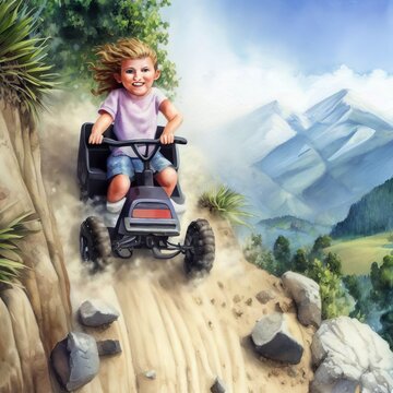 Watercolor illustration of a young girl riding an ATV in the mountains