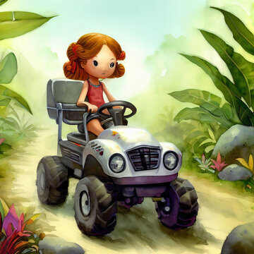 Watercolor illustration of a young girl riding an ATV in the mountains