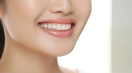 Obraz premium A closeup photo portrait of a beautiful young asian model woman laughing and smiling with clean teeth. used for a dental ad. isolated on white background,