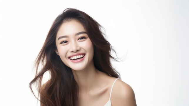 A closeup photo portrait of a beautiful young asian model woman laughing and smiling with clean teeth. used for a dental ad. isolated on white background,