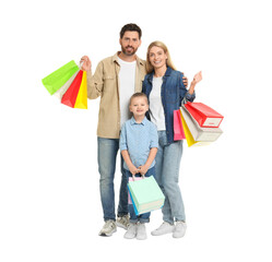 Family shopping. Happy parents and daughter with many colorful bags on white background