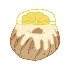 Lemon cake with lemon slices on it hand drawn illustration. Cakes sold as desserts in cafes and bakery.