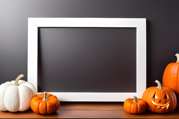 White wooden frame mockup on shelf over black wall with halloween pumpkin, blank horizontal frame with copy space