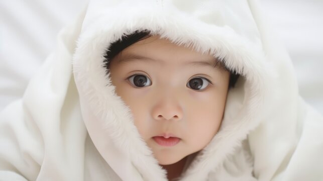 
A very cute little asian baby kid wrapped in soft white blanket and hood on a bed. image perfect for ads. big beautiful eyes and tiny nose,