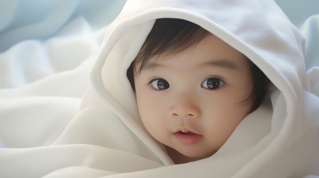 
A very cute little asian baby kid wrapped in soft white blanket and hood on a bed. image perfect for ads. big beautiful eyes and tiny nose,