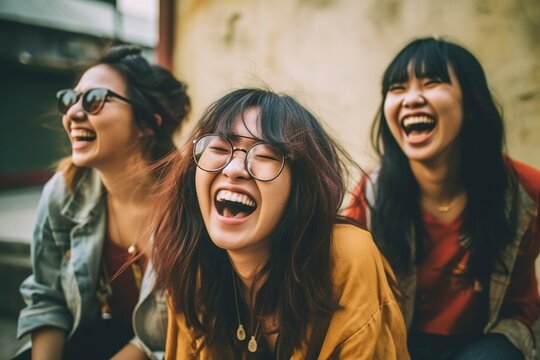 Group Of Asian Young Women Laughing Out Loud Happy.