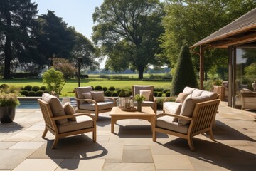 Obraz premium A spacious country estate in the UK featuring a patio area in the backyard, adorned with furniture for outdoor relaxation.