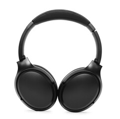 Modern black wireless headphones isolated on white