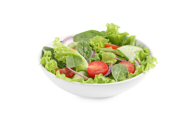 Delicious salad with lettuce, tomatoes and spinach isolated on white